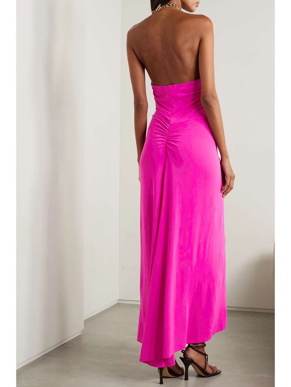 VERONICA BEARD chain-embellished ruched stretch-jersey halterneck maxi dress  M
